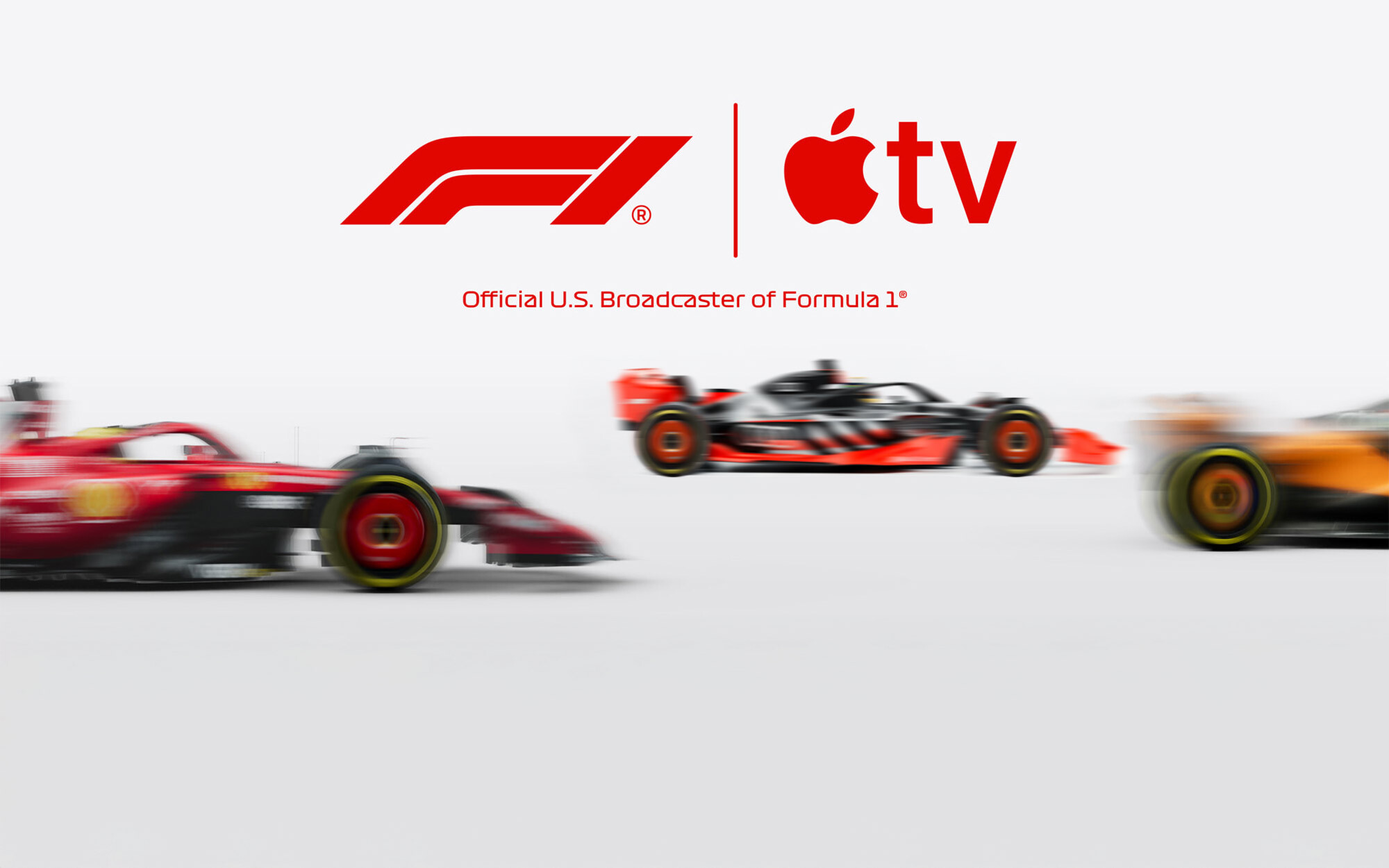 The F1 logo is next to the Apple TV logo, above text that reads ‘Official U.S. Broadcaster of Formula 1’